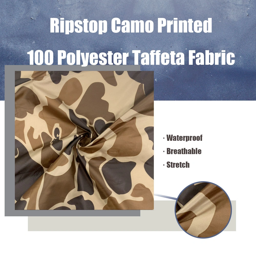 Waterproof Fabric Outdoor Fabric Workwear Sportswear Raincoat Ripstop Camo Printed Cired Coating PU Coated Fabrics 100 Polyester Taffeta Fabric